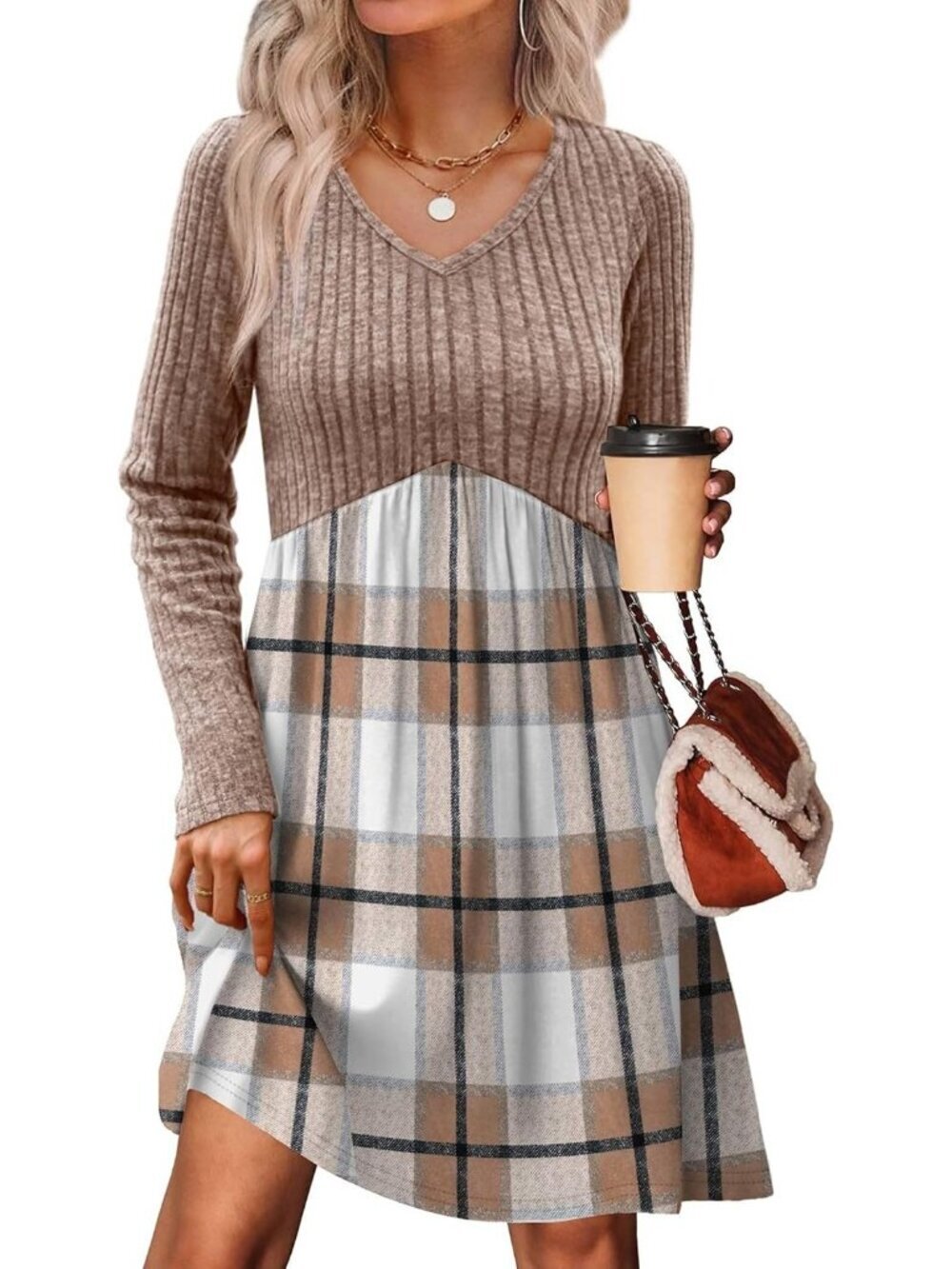 Women's Yellow Brown Plaid  Waist Baby Doll Long Casual with Pocket Mini Dress